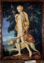 Bohyně ozbrojená lukem je doprovázena psem. Malba školy z Fontainebleau. 16. století. 1,91 x 1,32 m - Bohyně Diana lovkyně, ozbrojená lukem a doprovázená psem. Malba školy z Fontainebleau. 16. století. 1,9