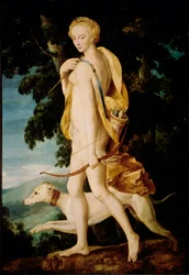 Bohyni s lukem doprovází pes. Malba školy ve Fontainebleau. Slunce 16. století. 1,91 x 1,32 m Paříž, Musee du Louvre