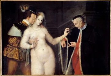 Žena mezi dvěma věky. Scéna představující prostitutku, o niž se ucházejí dva muži různého věku. Obraz školy z Fontainebleau. 1588, Rennes, Muzeum výtvarných umění