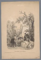 Společenstvo s oslem před italskou horskou vesnicí Studie postav v krajině (název série) Album Ferogio. Etudes de Figures dans les Paysages (název série na objektu)