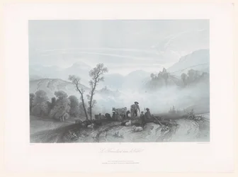 Pastýři s kravami a ovcemi v mlžném údolí Le Brouillard dans la Vallée (název na objektu)