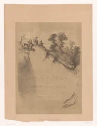 Titulní tisk se skalní krajinou a cestovateli podél soutěsky Krajinářské a figurální studie od Férogia (název série) Projets de tableaux de figure et paysages, par Férogio (název série na objektu)