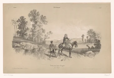 Žena na koni s mužem a dítětem v krajině Studie venkovských scén se dvěma druhy křídy (název série) La kampaň. Etude aux deux pastelky, par Férogio (název série na předmětu)