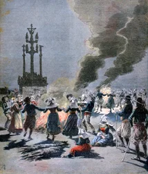 Ohně zapálené na oslavu letního slunovratu v Bretani v roce 1893