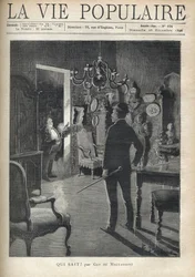 Muž překvapí vetřelce doma uprostřed noci. Ilustrace F. Meaulle po B. Borione pro „“ Kdo ví? “” od Guye de Maupassanta (1850-1893). Rytina z roku 1890 v „La vie populaire““. Soukromá sbírka