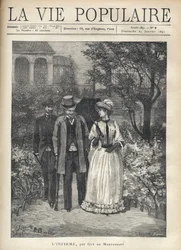 Muž s bequilles chodí s elegantní mladou ženou v uličkách parku. Druhý muž je následuje. Ilustrace Fortune Louis (Fortune-Louis) Meaulle pro “” L