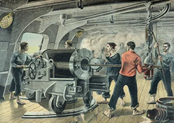 Námořní baterie bombarduje Santiago de Cuba, španělsko-americká válka v roce 1898 (Rytina)