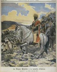 Černý z Etiopie, Menelik II (1844-1913) v bitvě u Adowy, ilustrace z „Le Petit Journal“, 28. srpna 1898 (viz také 287689)