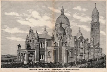 Inaugurace baziliky Sacre-Coeur na Montmartru v roce 1891 (vzhled památníku tak, jak bude po úplném dokončení) - rytina Meaulle v roce 1891