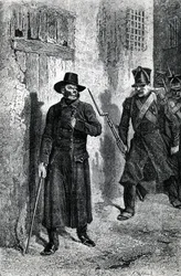 Javert pronásleduje Valjeana, ilustrace z «Bídníků» od Victora Huga, vydal J. Hetzel, 1865