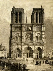 Notre Dame de Paris (Notre-Dame) v roce 1482: západní průčelí a parvíz. Rytina F. Meaulla podle kresby Viollet le Duc (Viollet-le-Duc) ilustrující stejnojmenný román Victora Huga, edice Ollendorff počátek 20. století. Vlevo dole,
