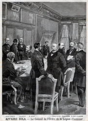 Rada Národního řádu Čestné legie během Dreyfusovy aféry, rytina F. Meaulla podle Garreyho. „Le Petit Journal“, 24. dubna
