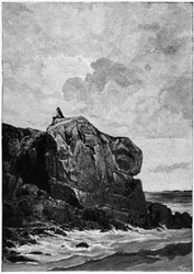Victor Hugo ve vyhnanství na ostrově Jersey v roce 1855, na skále Proscriit. Rytina Louise Fortune Meaulla (1844-1901), o níž Hugo řekl: "I think, il grave".