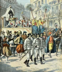 průvod korzára mi - careme ulicemi Paříže v roce 1897 (Rytina)