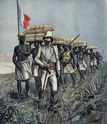 Poručík Mizon (1853-99) na své průzkumné výpravě z roku 1892 v oblasti řeky Benue v Nigérii, z „Le Petit Journal“, červenec 1892