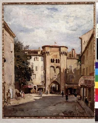 Opevněné dveře Cavaillonu na malbě Vaucluse od Fortune Viguier (1841-1916) Rozm. 39,5x32 cm Povinná zmínka: Sbírka zakládání pozdravů z Provence, Marseille