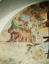 Poslední soud, detail zobrazující Pannu Marii a apoštoly po pravici Krista