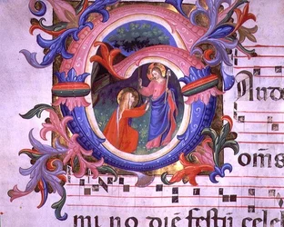 Ms 558 f.64v Historická iniciála „G“ zobrazující Noli Me Tangere, detail z misálu, počátek 30. let 14. století (vellum)