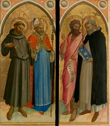 Svatý František a biskup, svatý Jan Křtitel a svatý Dominik, konec 20. let 14. století (tempera a plátkové zlato na desce)