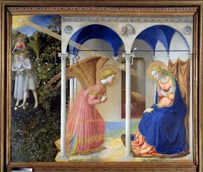 Zvěstování (v pozadí Adam a Eva vyhnaní z ráje), c. 1445 (tempera a zlato na panelu)