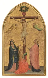 Ukřižování s Pannou Marií, svatým Janem Křtitelem a Magdalenou (tempera na zlatém podkladu)
