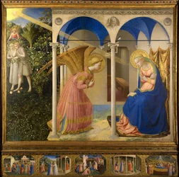 Fra Angelico, Giovanni da Fiesole (ca. 1400-1455), Zvěstování. Tempera na desce. Renesance. 1430-1432. Itálie, florentská škola. Museo del Prado, Madrid. 154 x 194. Obraz