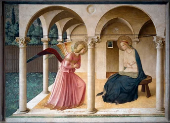 Zvěstování. Freska Guida di Pietra (nebo Fra Giovanniho da Fiesole), známého jako Fra Angelico nebo il Beato (1400-1455). 1442, 230 cm x 321 cm, muzeum San Marco, Florencie.