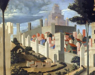 Depozice Krista (oltář Nejsvětější Trojice), detail krajiny s výhledem na Jeruzalém a Solomův chrám -1437-40 (tempera na dřevě)