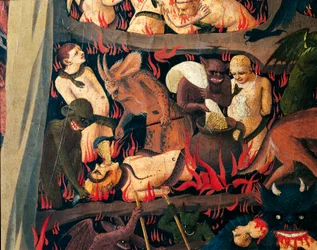 Peklo s démony trestající chamtivost, detail z Posledního soudu od Giovanniho da Fiesole známého jako Fra Angelico (1400-cca 1455), tempera na dřevě