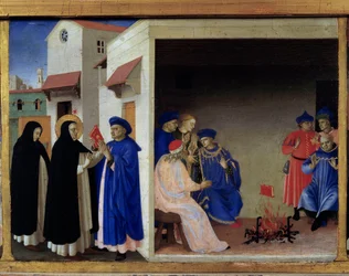 Predela Korunování Panny Marie: zázrak knihy vhozené do ohně před albigenskými. Svatý Dominik vyvrací katarské kacířství. Muzeum Louvre, Paříž