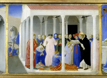 Svatý Dominik (1170-1221) křísí Napoleona Orsiniho, spodní část (predela) „Korunování Panny Marie“, zobrazující Krista u hrobu a šest výjevů ze života svatého Dominika, zakladatele řádu, k němuž patřil Angelico