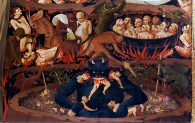 Poslední soud: detail podsvětí. Zatracenci v pekelných kruzích, mučení démony. Detail tempery na dřevě od Guida di Pietra (nebo Fra Giovanniho da Fiesole), zvaného Fra Angelico nebo il Beato (1387-1455)
