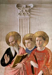 Madona stínů. Detail: svatý Jan, svatý Tomáš a svatý Vavřinec, kolem roku 1438-1446