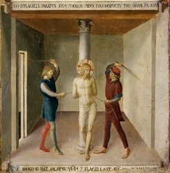 Bičování. Život Kristův, skříň ze stříbra. (Tempera na dřevě
