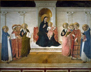 Panna ve stínech neboli „Svatý rozhovor“ neboli „Panna s dítětem a osmi světci: Dominik, sv. Kosmas (Come nebo Cosimo) a sv. Damián, sv. Marek, sv. Jan Evangelista, sv. Tomáš Akvinský, sv. Vavřinec a sv. Petr“. Svatozář Ježíše Krista je označena