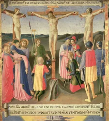Kristus na kříži mezi dvěma zloději, detail ze čtvrtého panelu Stříbrného pokladu Santissima Annunziata, kolem 1450-53 (tempera na panelu)