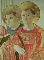 Madona ve stínu, detail sv. Tomáše Akvinského a sv. Vavřince, z chodby v prvním patře (freska)
