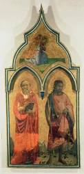 SS. Jeronýma a Jana Křtitele, boční panel z Madony s dítětem se svatostánkem Nejsvětější Trojice, kolem 1430 (tempera na panelu) (viz také 94746, 94748)