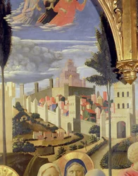Oltář Santa Trinita, detail města Jeruzaléma a Šalamounova chrámu, cca 1434 tempera a zlato na panelu