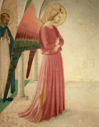 Zvěstování, detail anděla Gabriela a svatého Petra Mučedníka, freska z roku 1442