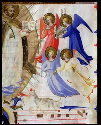 ds 558 f.67v St. Dominic se čtyřmi hudebními anděly, z graduálu ze San Marco e Cenacoli vellum detail z 88937 & 79797