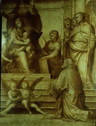Oltářní obraz Velkého koncilu, detail zobrazující svaté shromážděné po levé straně Panny Marie, 1510