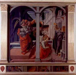 Annunciation, c.1445 (olej na panelu) (viz také 80047) (podrobnosti viz 99684 & 99686)