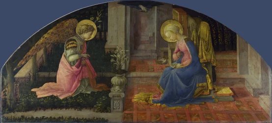 Zvěstování. Obraz Fra Filippa Lippiho (1406-1469), kolem 1448-1450. Tempera na dřevě. Rozměry: 68,6 x 152,7 cm. Londýn, National Gallery.