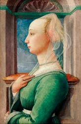 "Profilový portrét mladé ženy" Malba na dřevě od Filippa Lippiho (1406-1469), cca 1445 - Olej na dřevě, 49,5x32,7 - Staatliche Museen, Berlín