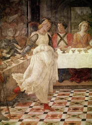 Salome tančící na Herodově hostině, detail freskového cyklu Životy svatých Štěpána a Jana Křtitele z hlavní kaple, 1452-64