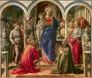 Panna Maria s dítětem obklopená anděly, svatý Frediano (Fridianus de Lucca nebo Frigidanus, Frigidian, Frigianu) a svatý Augustin, známá jako Pala Barbadori, oltářní obraz Filippa Lippiho (1406-1469), 1437-1438. Objednáno rodinou Barbadori pro Bar