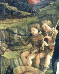 Dva hudební pastýři, detail z Narození Páně, 1470