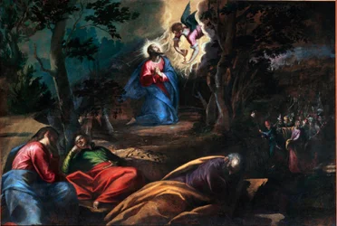 Modlitba v zahradě olivovníků Vpravo přichází Jidáš s vojáky, aby zastavili Ježíše Krista. Obraz Francesca Bassana mladého (asi 1549-1592) Benátky, Chiesa del Redentore, Itálie