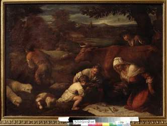"Le soir"" (Večer) Rodina pastýřů, žen a dětí obědvajících v trávě. Obraz doprovodu Jacopa Bassana (da Ponte) (1510-1592) Ivan Kramskoy ze 16. století (nebo Kramskoi) Muzeum výtvarných umění ve Voroněži (Voronezh), Rusko.